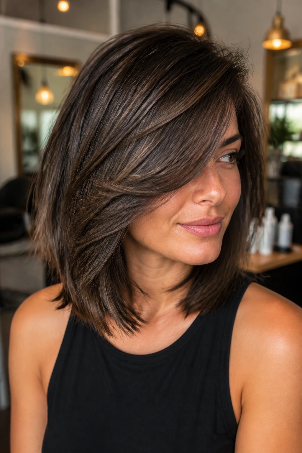 Close-up of a real woman with a thick-hair lob and deep side layers in a salon