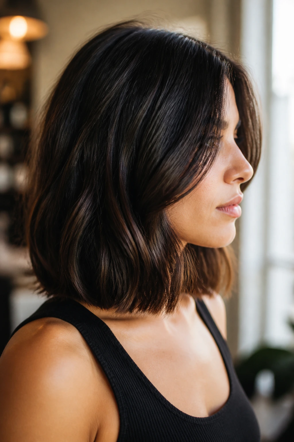 Close-up of a real person with thick hair showing how density changes the collarbone-length lob shape