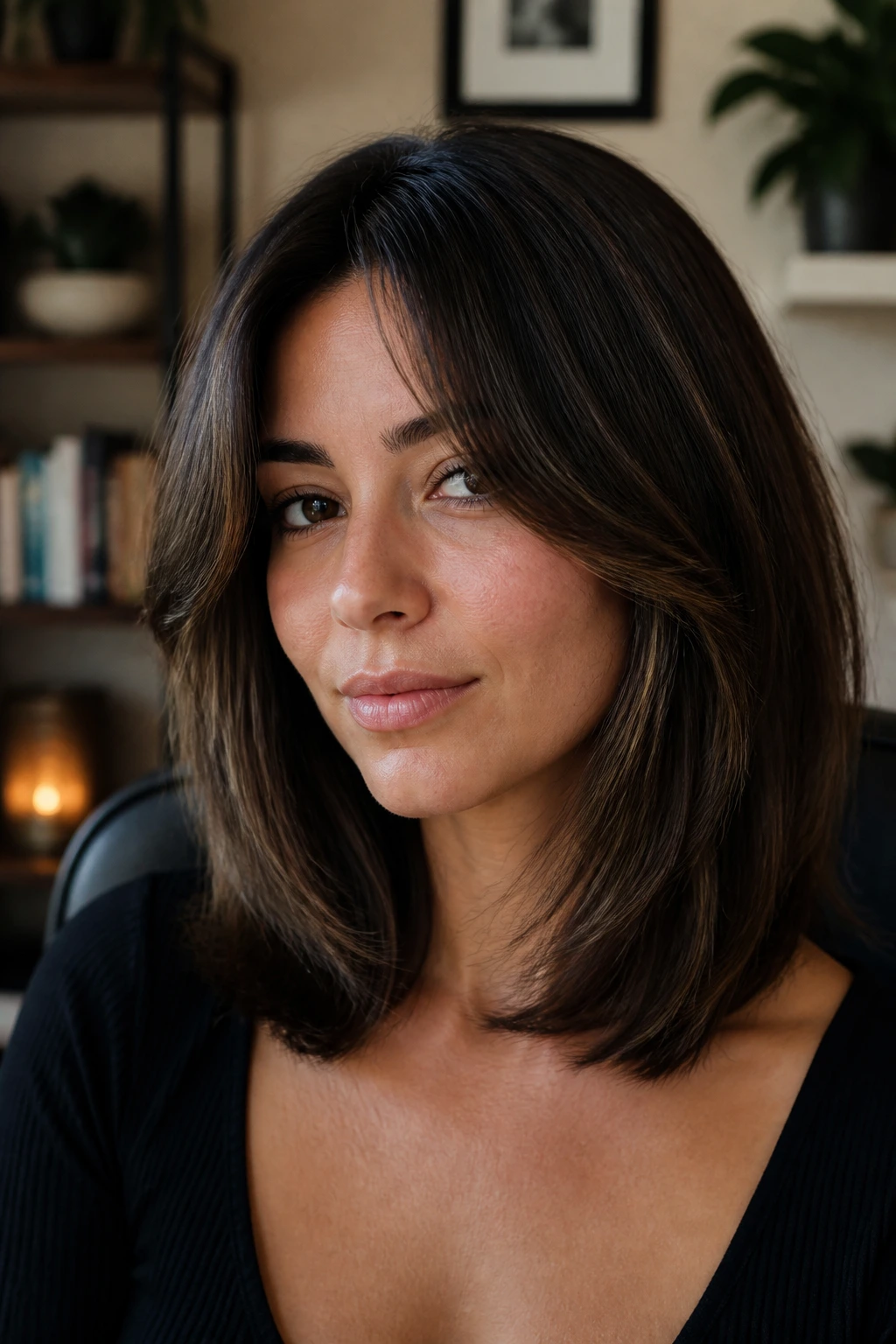 Close-up portrait of a real woman with thick hair lob and internal layers in warm indoor light
