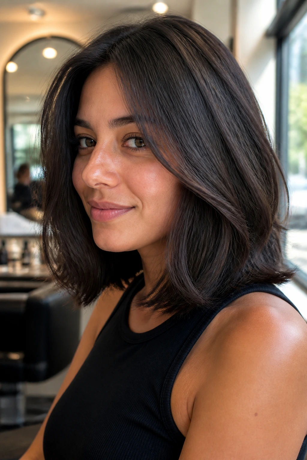 Close-up portrait of a real woman with a thick, textured lob for thick hair