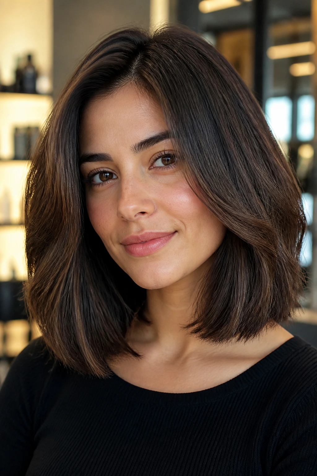 Close-up of a real person with a thick collarbone-length lob showing density and weight balance.