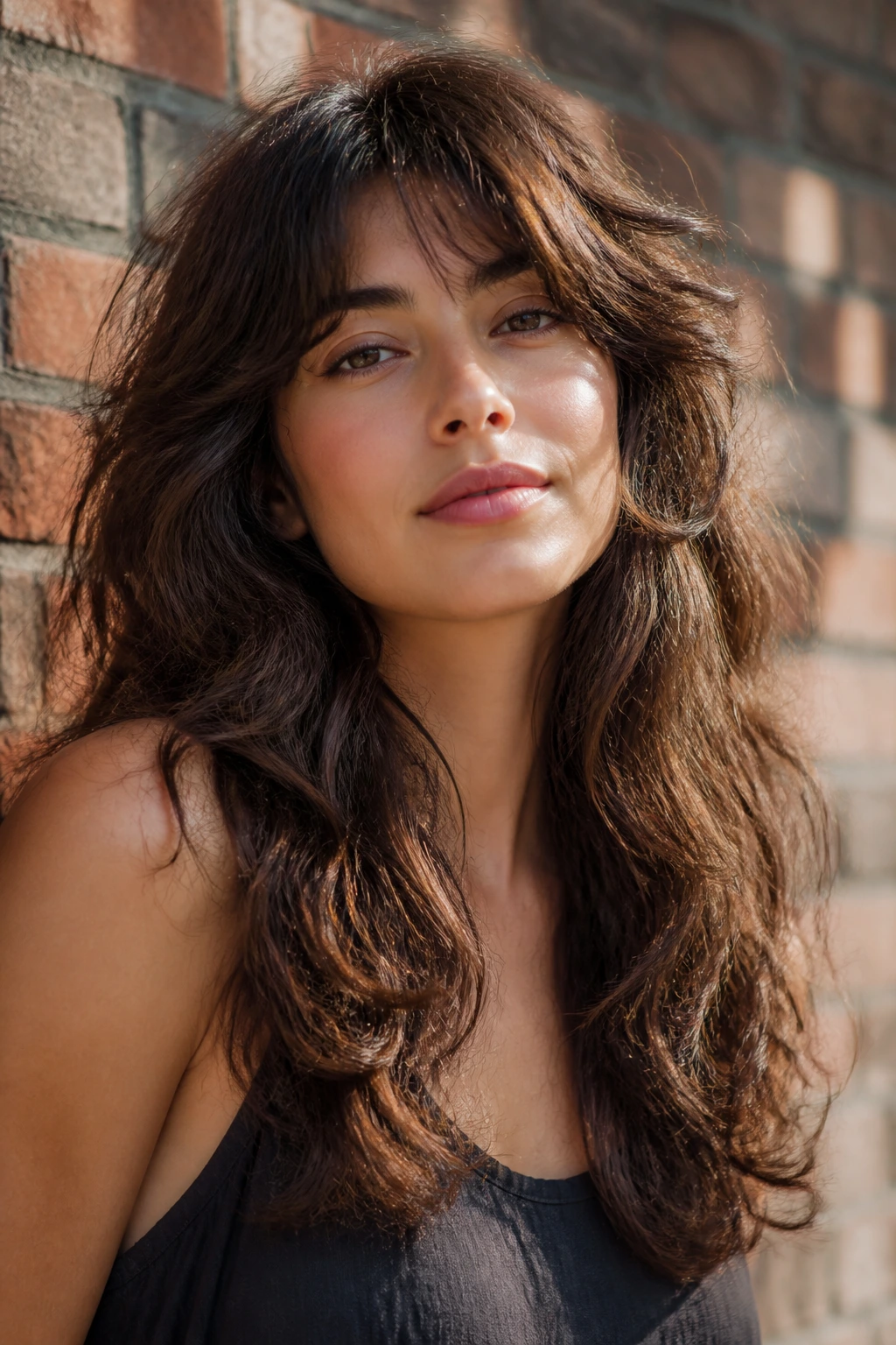Close-up portrait of a real woman with Thick-Hair Long Shag hairstyle
