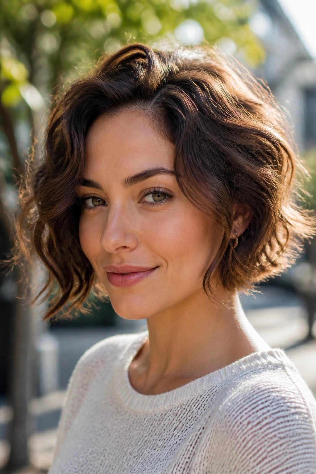 Real woman with thick short hair and loose waves outdoors in sun