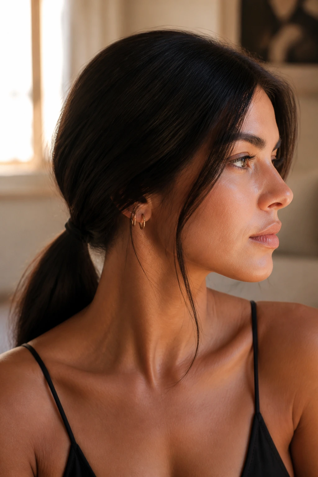Close-up of a real person with a low ponytail, in a cozy room with window light