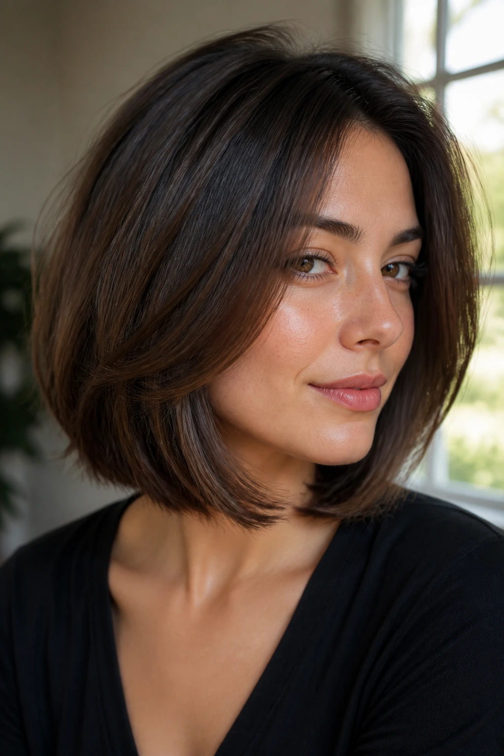 Close-up portrait of a real person with thick hair in a medium bob showing layered bulk reduction