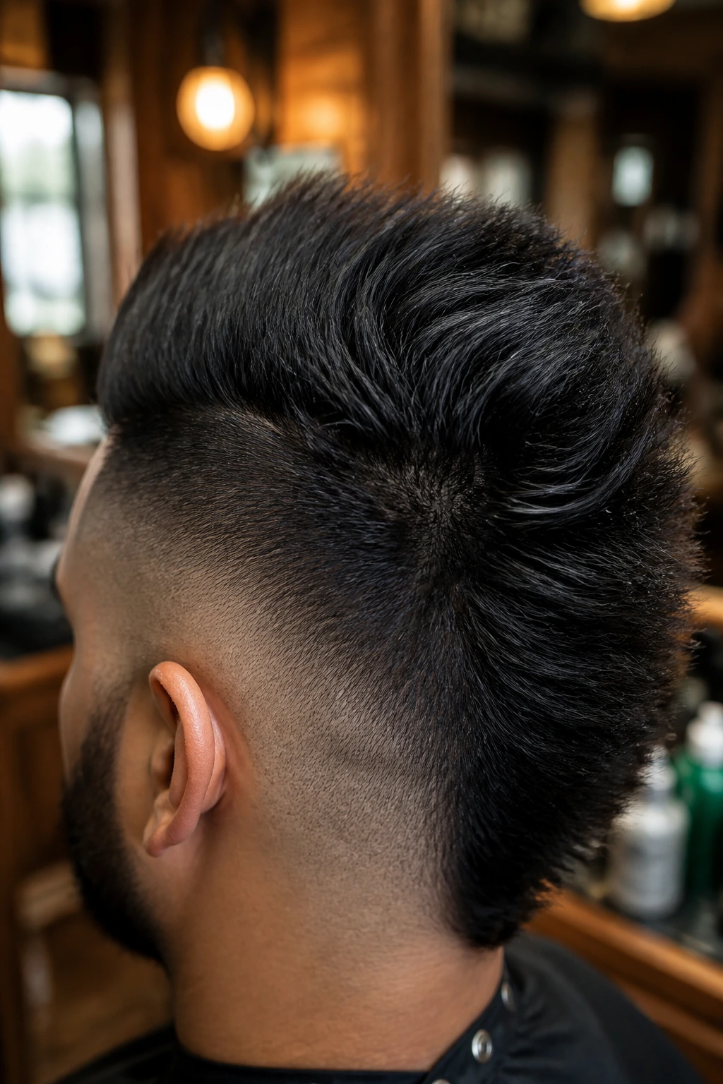 Close-up of thick hair at the crown showing density and height behind the mohawk ridge.