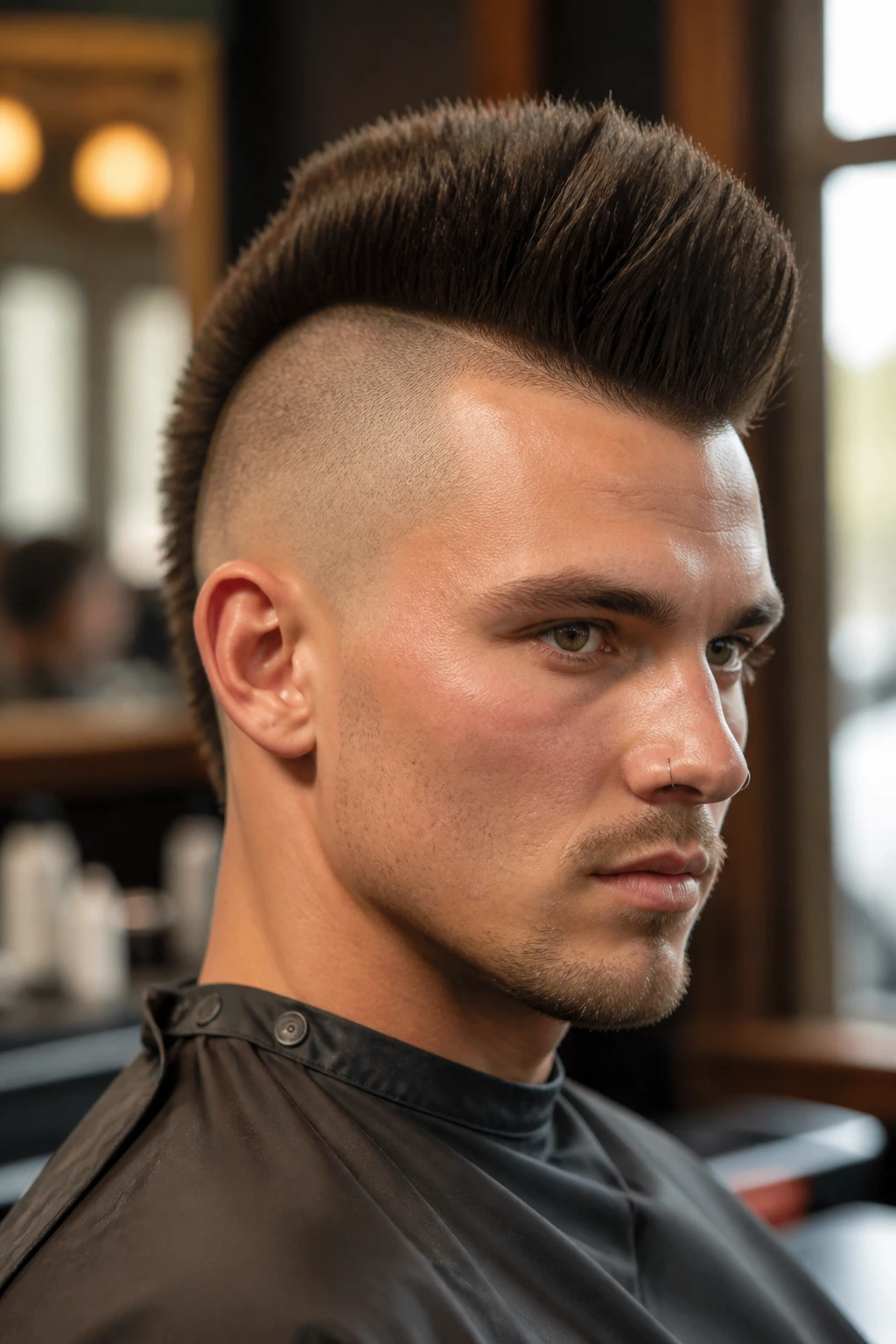 Close-up portrait of a man with a thick mohawk and shaved sides in a barbershop.