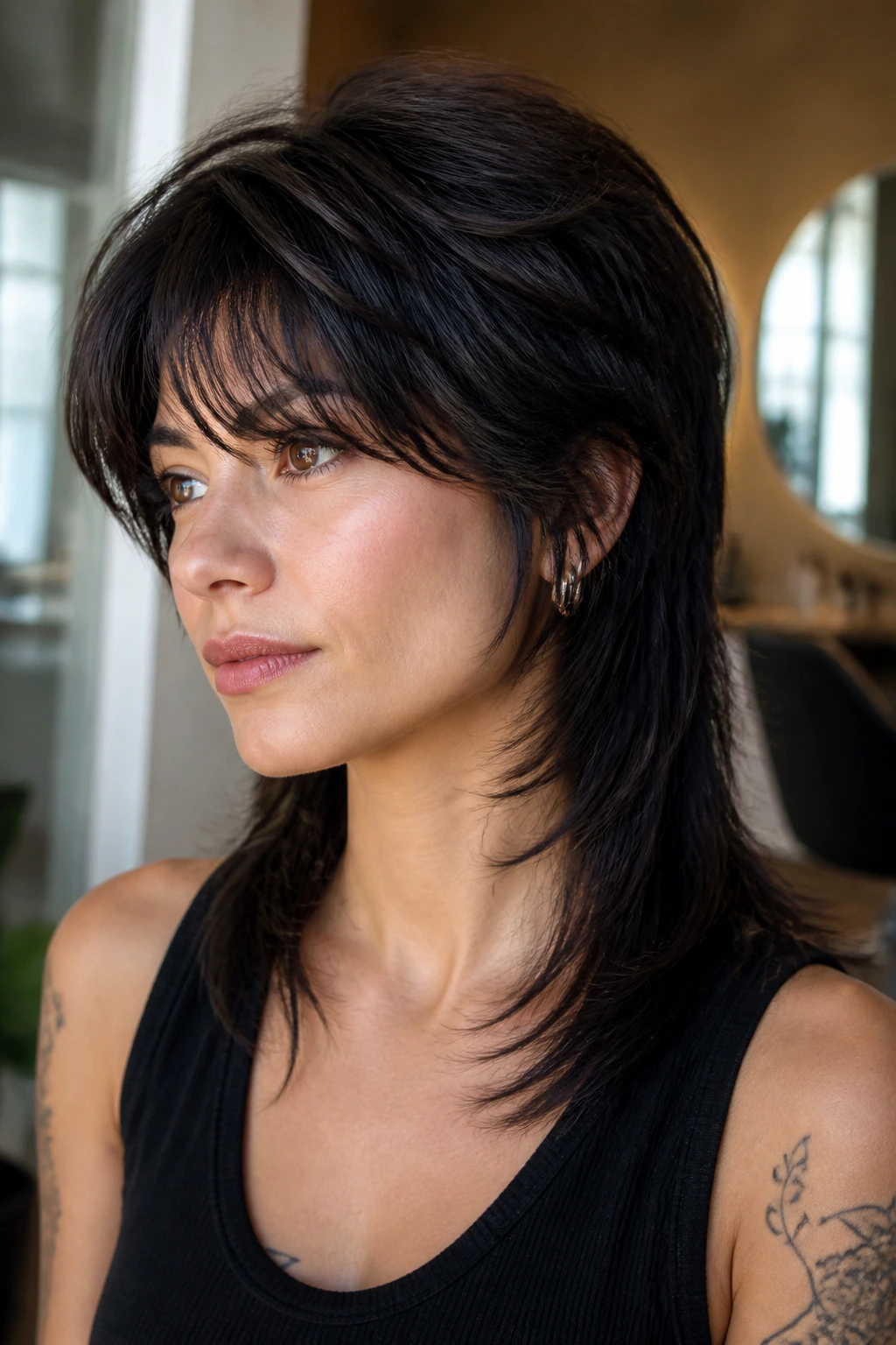 Close-up portrait of a real woman with Thick-Hair Mullet With Chunky Internal Layers