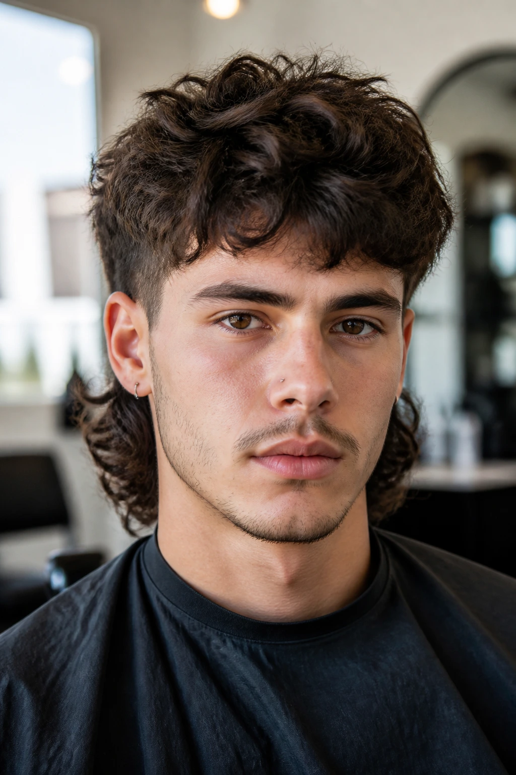 Close-up portrait of a real person with Thick-Hair Control Mullet showing crown thinning and back fullness