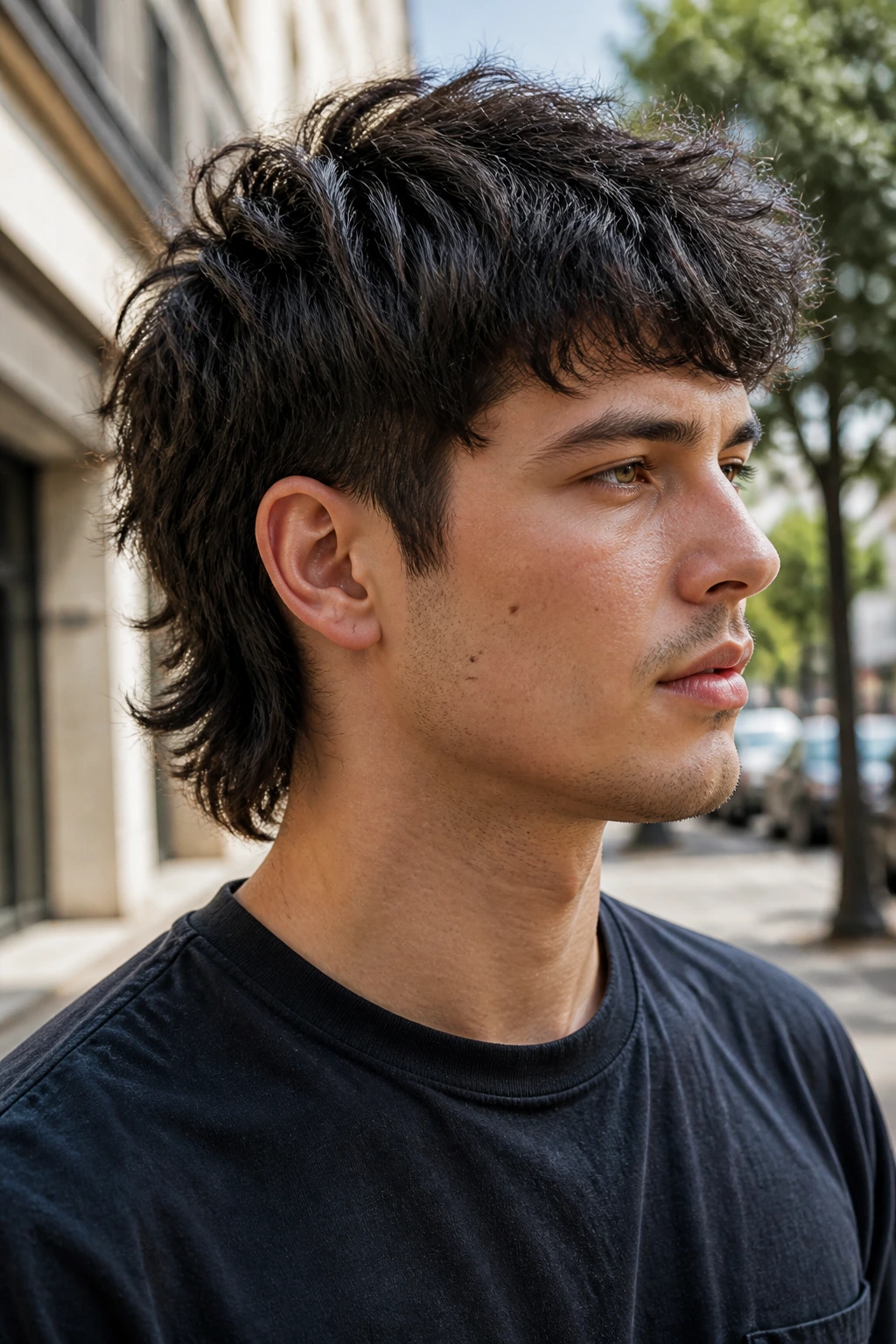 Close-up portrait of a real person with thick, choppy mullet on dense hair