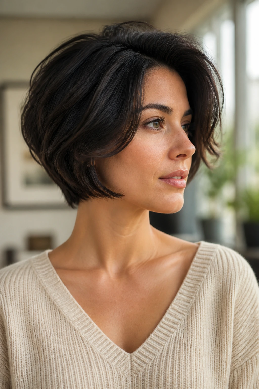 Woman with thick hair styled to suit a simple knit top