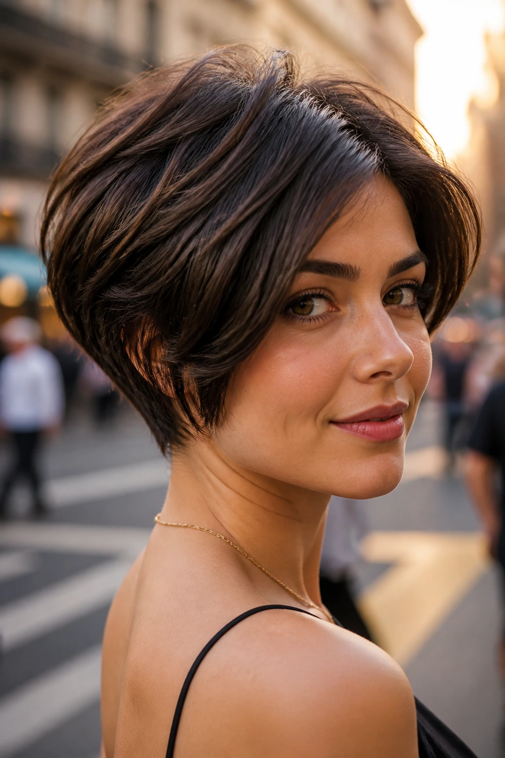 Portrait of a real woman with debulked thick-hair pixie bob.