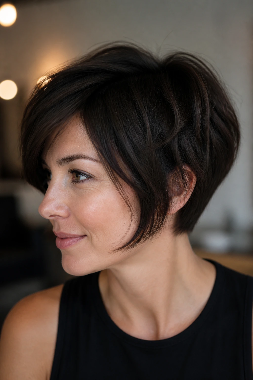 Close-up of a real woman with thick-hair pixie bob and debulked ends