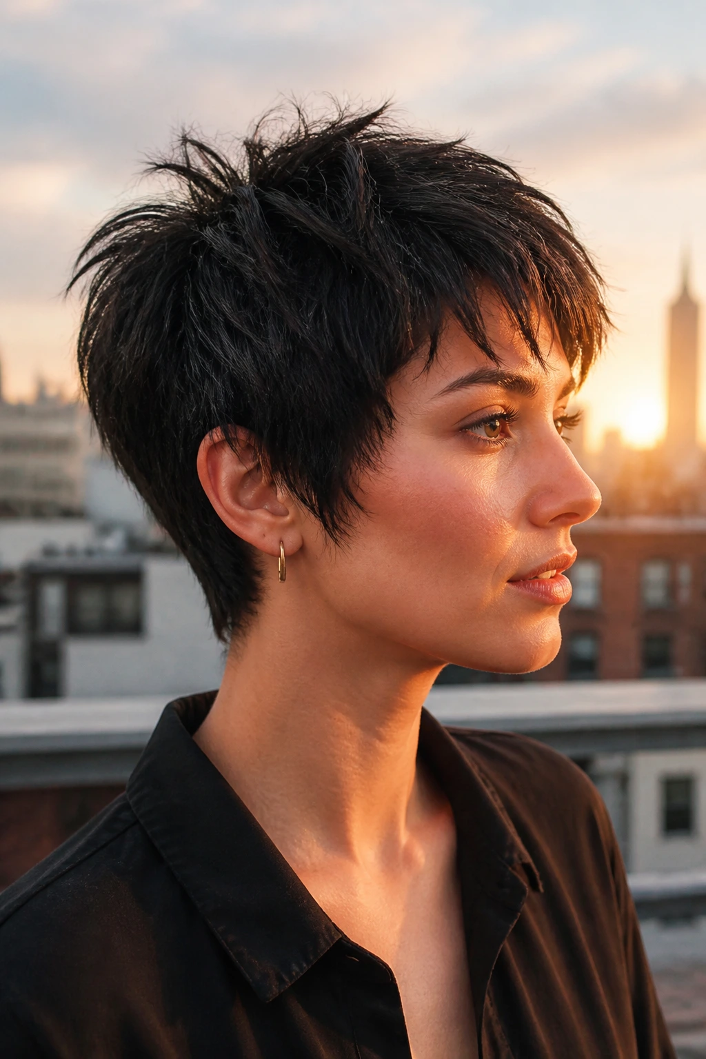 Close-up portrait of a real woman with thick-hair feathered pixie and chipped ends in golden-hour light