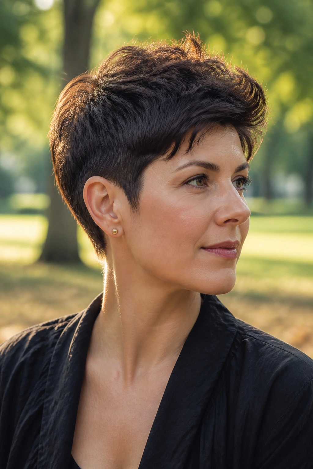 Close-up portrait of a real woman with a thick hair pixie highlighting dense texture and controlled bulk.