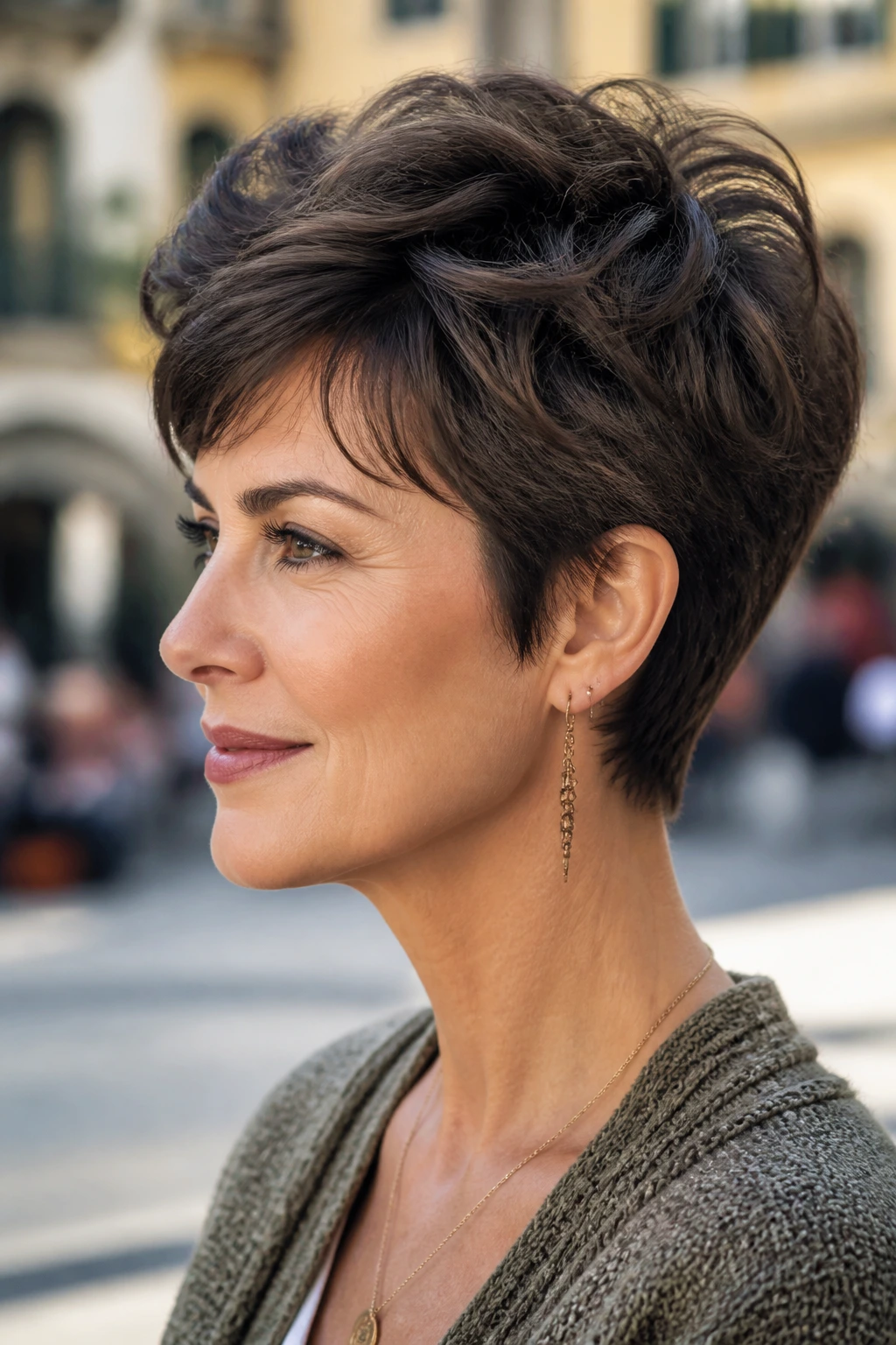 Close-up of a real woman with a thick-hair layered pixie in an outdoor plaza