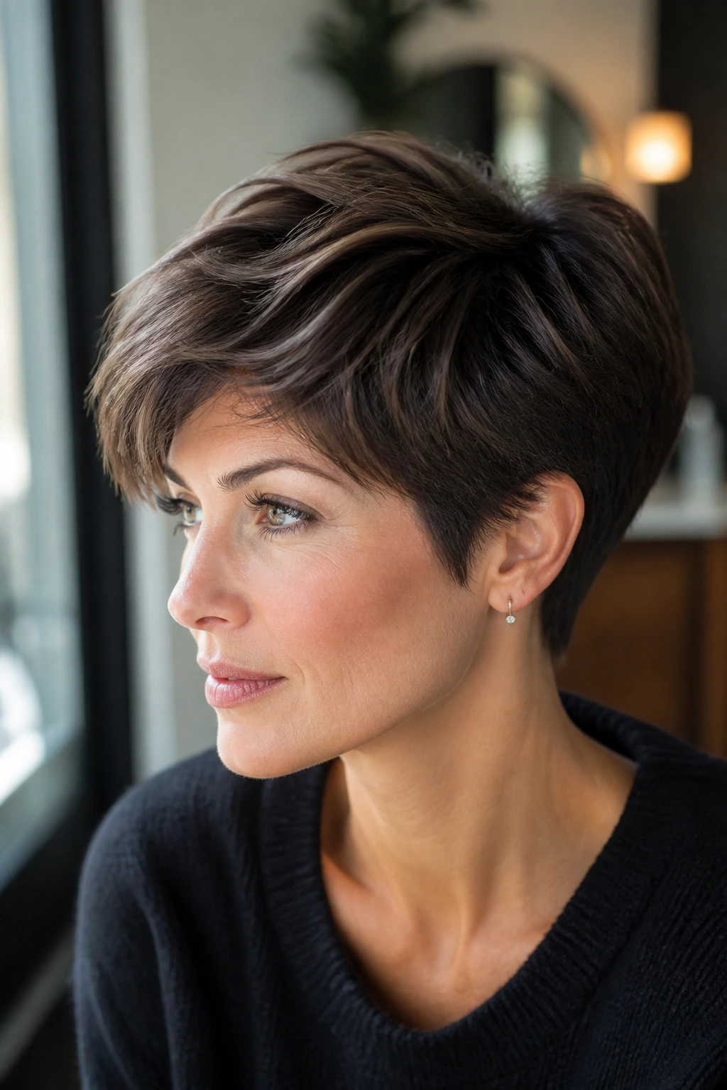 Close-up portrait of a real person with thick hair styled into a long pixie showing crown volume and tapered nape