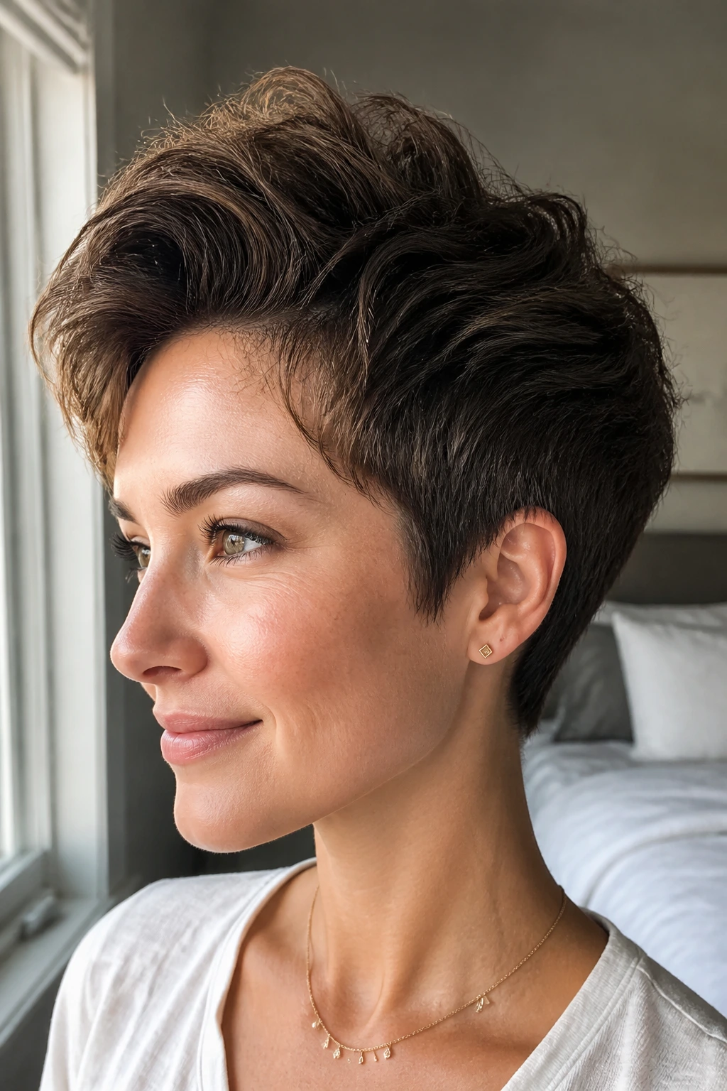 Close-up of a real woman with a thick pixie cut showing a strong nape silhouette and lifted crown in natural window light
