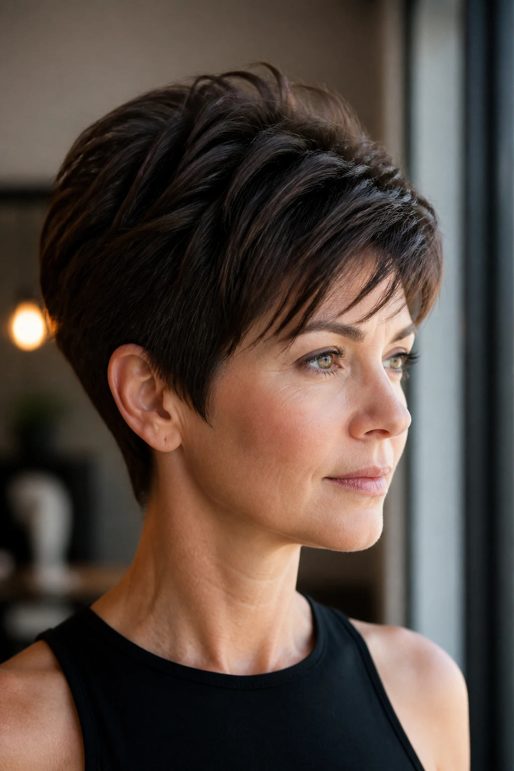 Close-up portrait of a real woman with thick pixie-cut hair showing crown lift and defined nape