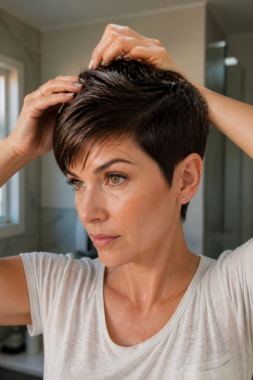 Close-up of a thick-hair pixie styled to lie flat with lifted crown in warm light