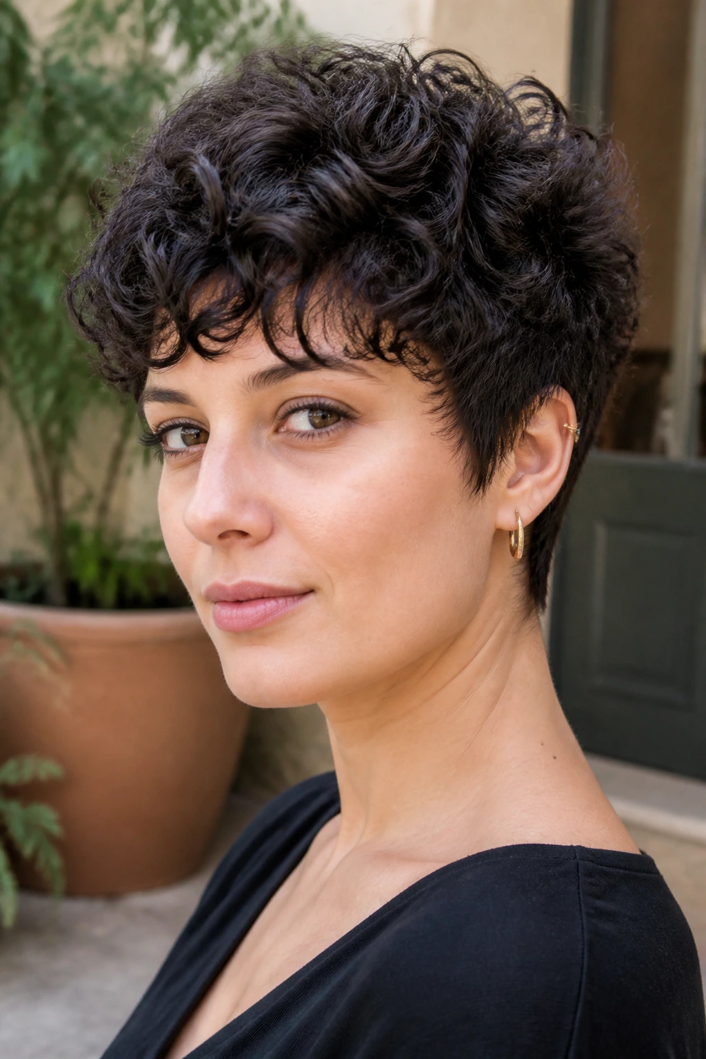 Close-up portrait of a real person with thick sculpted pixie wolf curls
