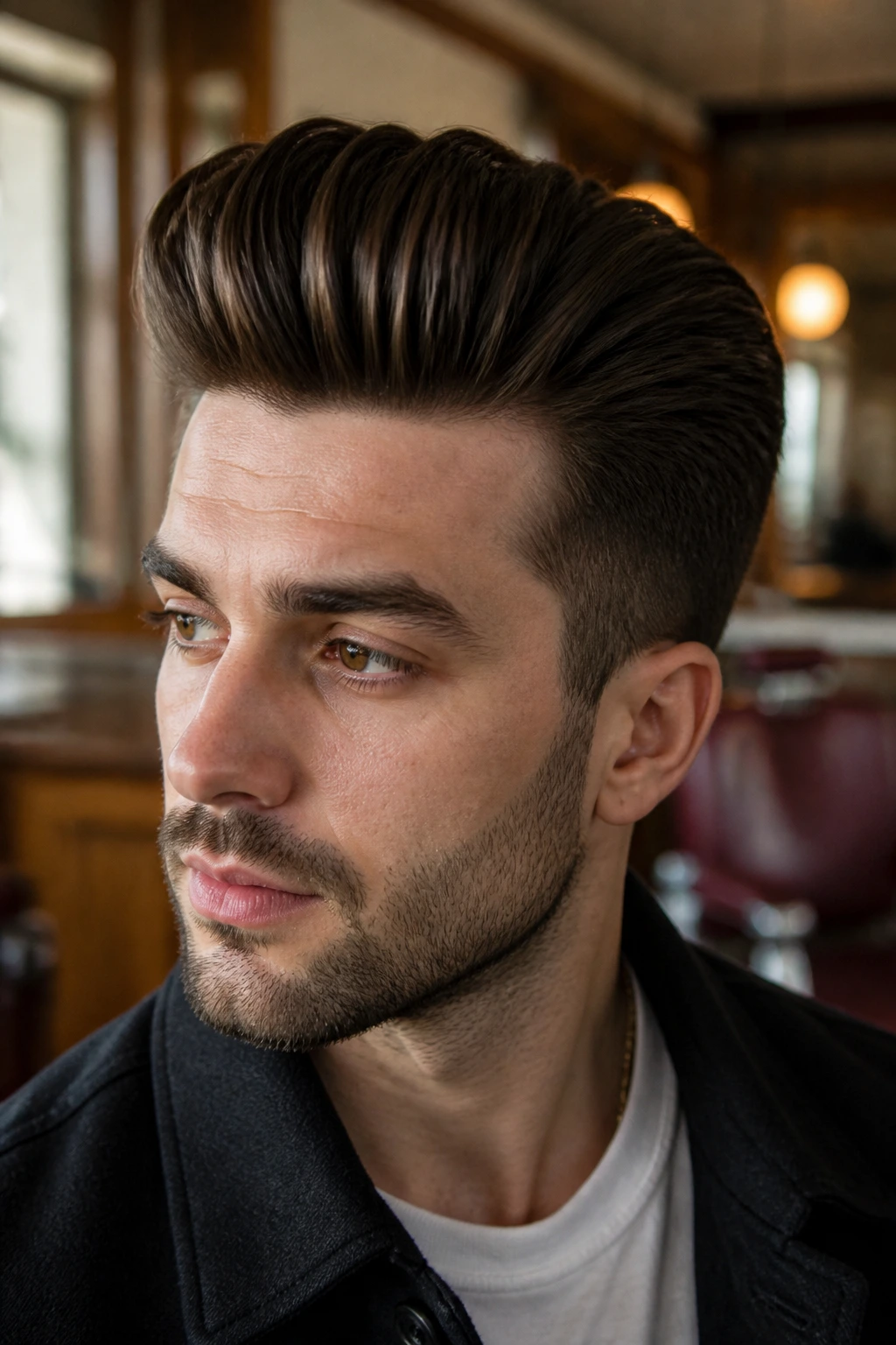 Close-up portrait of a man with a thick voluminous pompadour in a vintage barber shop.