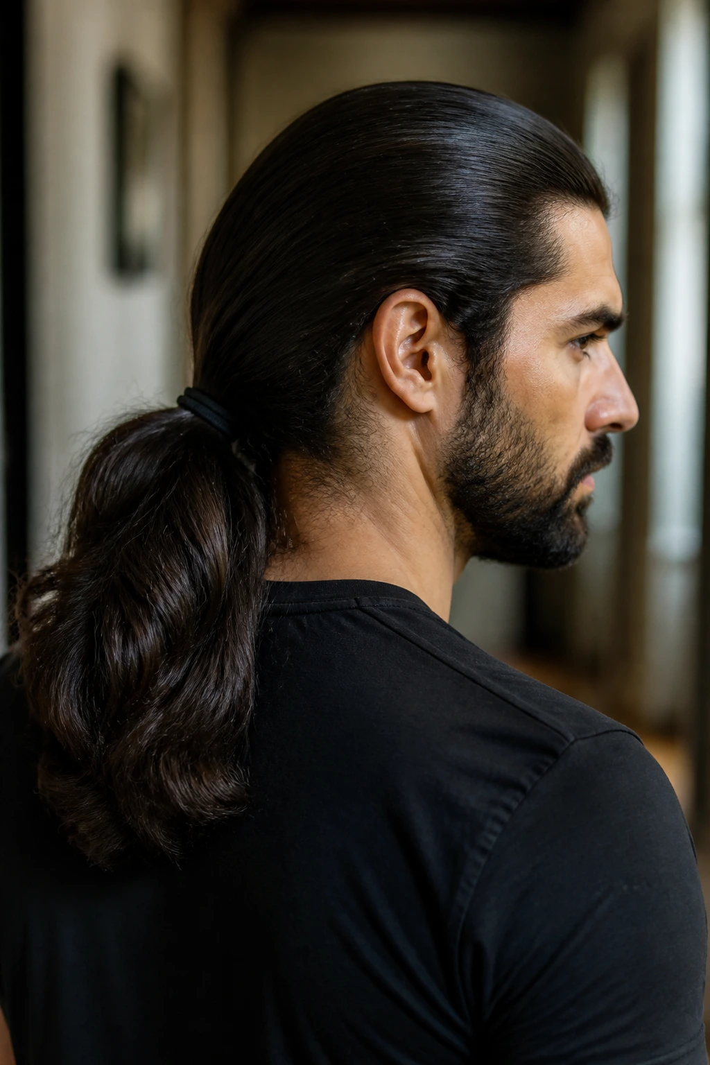 Close-up of a real man with a thick heavy ponytail secured with a strong elastic