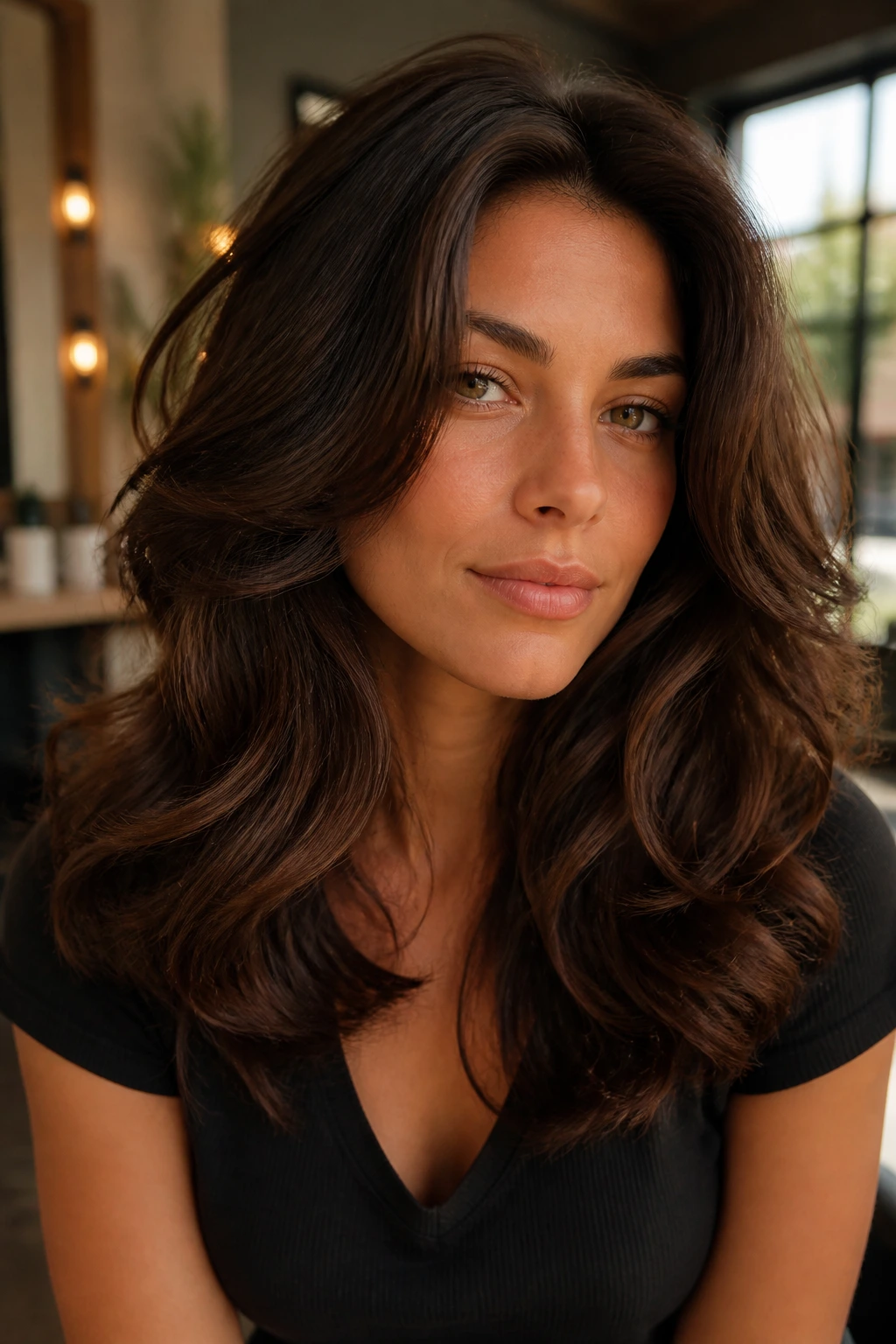 Close-up portrait of a real woman with thick hair styled to emphasize shape in warm window light