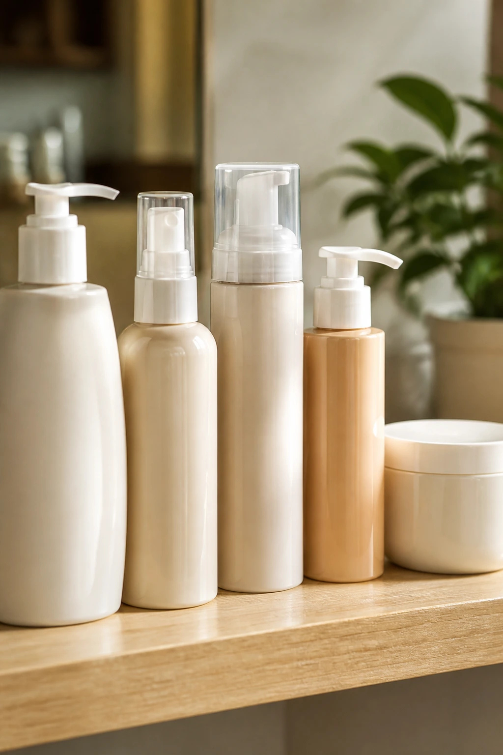 Close-up of hair care bottles arranged with no visible text.