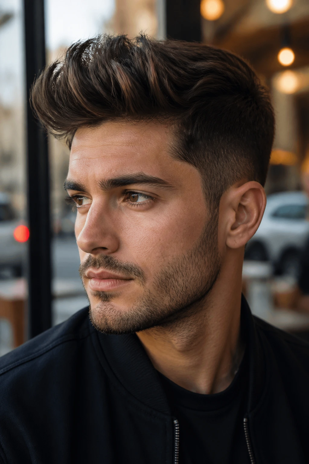 Close-up portrait of a man with a thick-hair quiff