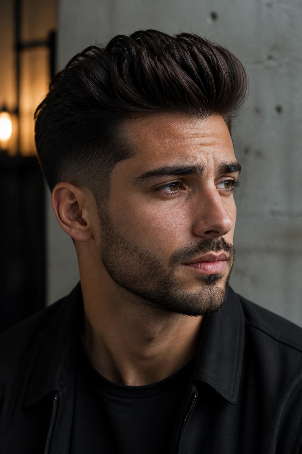 Close-up portrait of a man with thick-hair control quiff in an urban loft