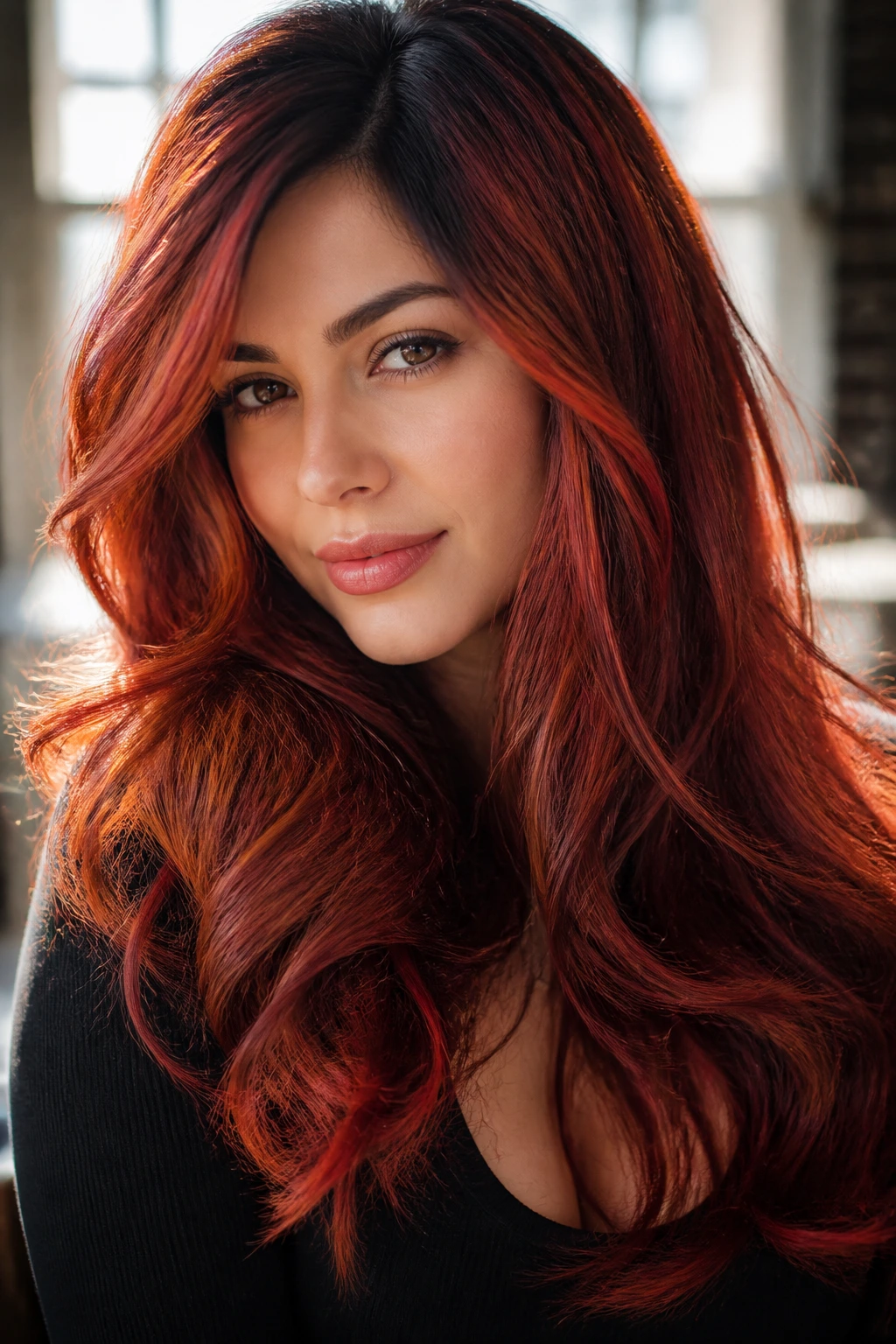 Close-up of thick-haired woman showing copper and burgundy red tones.