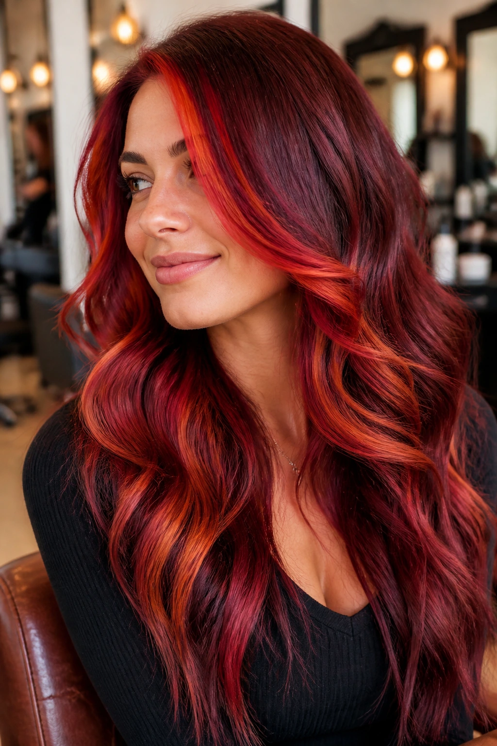 Close-up portrait of a real woman with thick red hair in copper, cherry, and burgundy tones in a salon setting