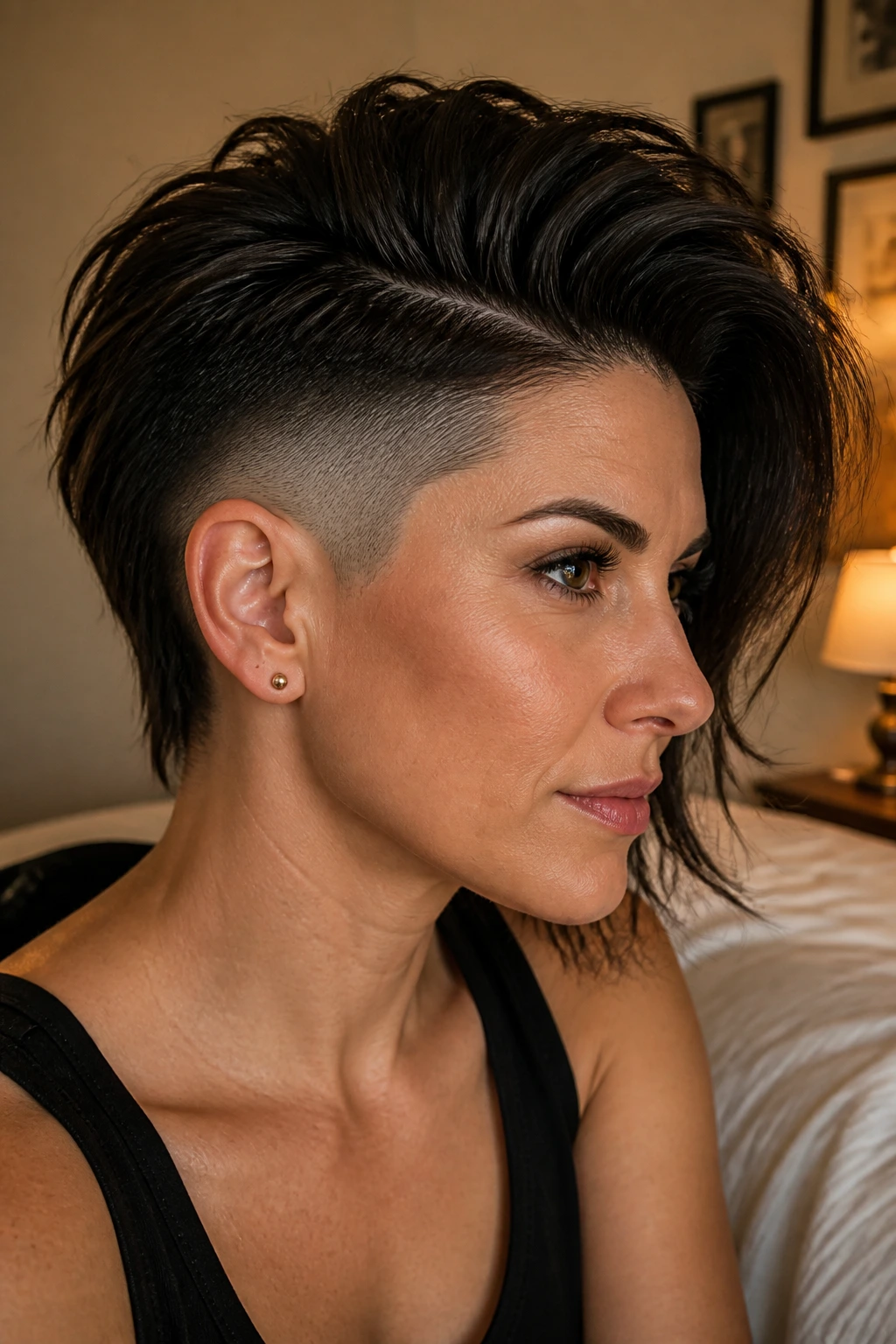 Close-up of a real woman with thick hair and a relief side fade