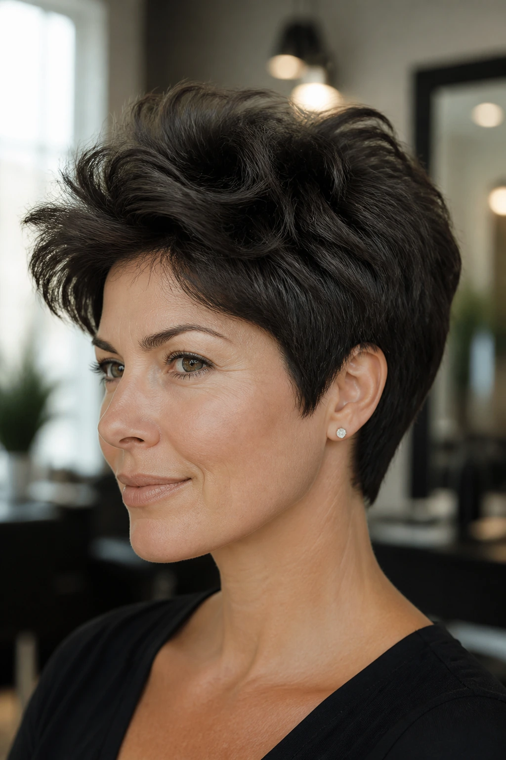 Close-up portrait of a real person with thick hair showing density and texture in a salon setting