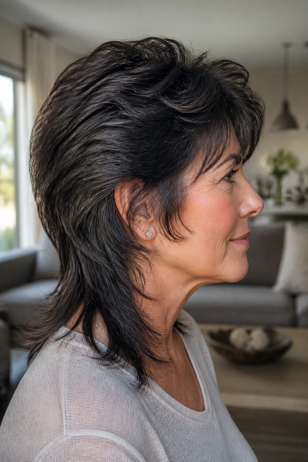 Portrait of a real woman with a thick-hair sculpted mullet showing weight removal.