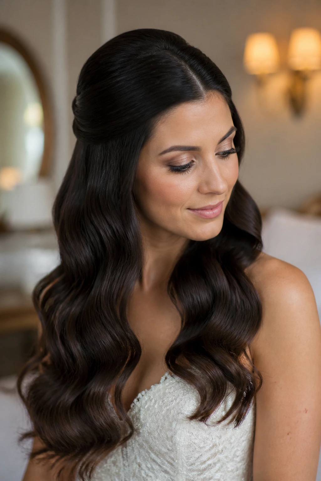 Bride with thick hair sculpted into defined waves.