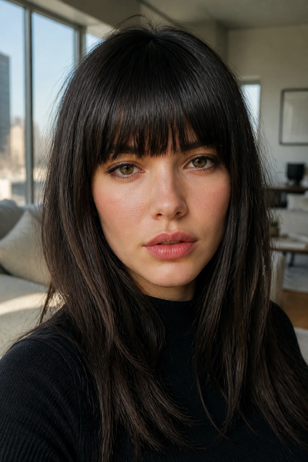 Close-up portrait of a real person with a thick seam fringe