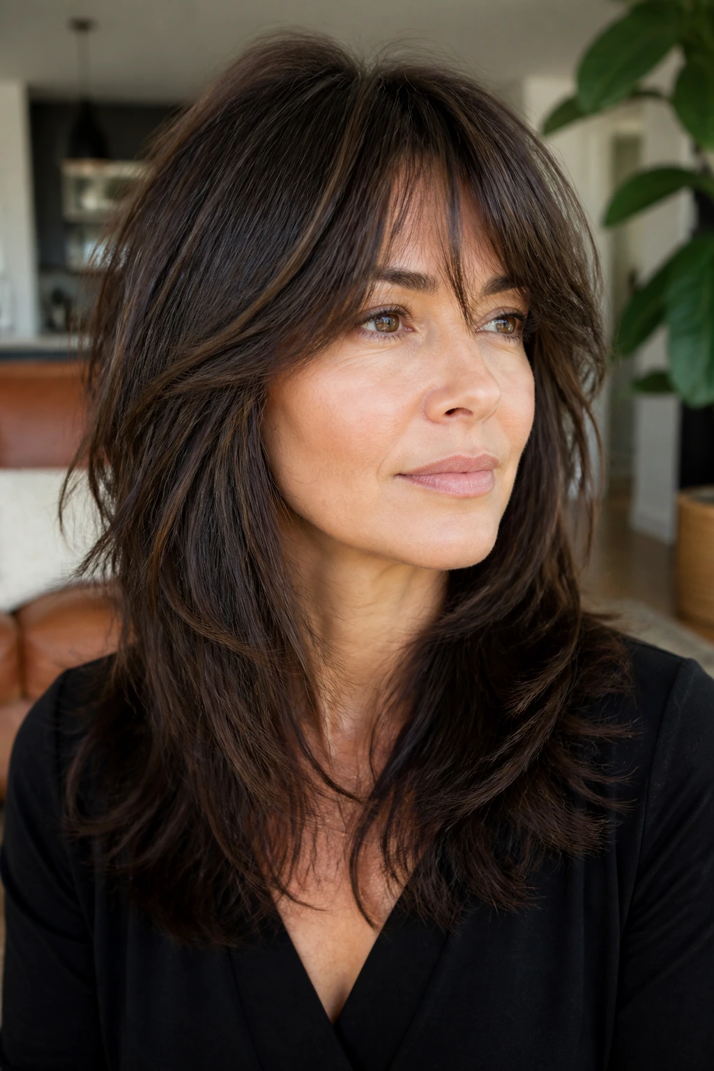 Close-up of a real woman with thick hair shag showing internal layers and preserved perimeter