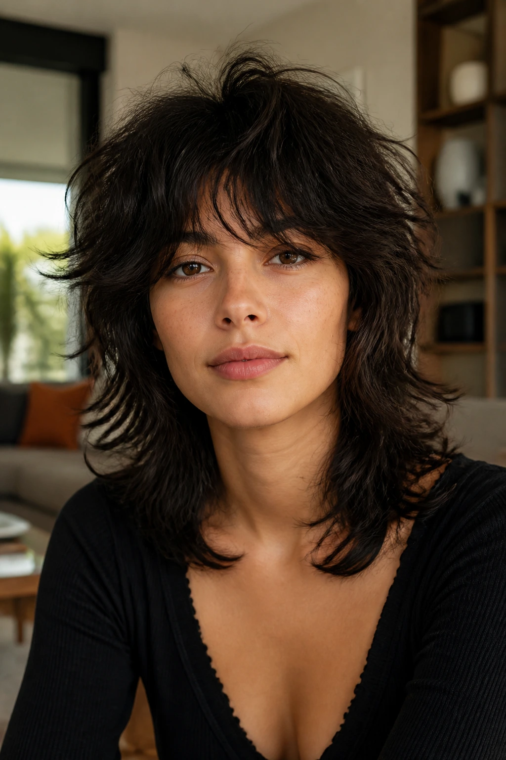 Close-up of a real person with thick hair styled into a shag