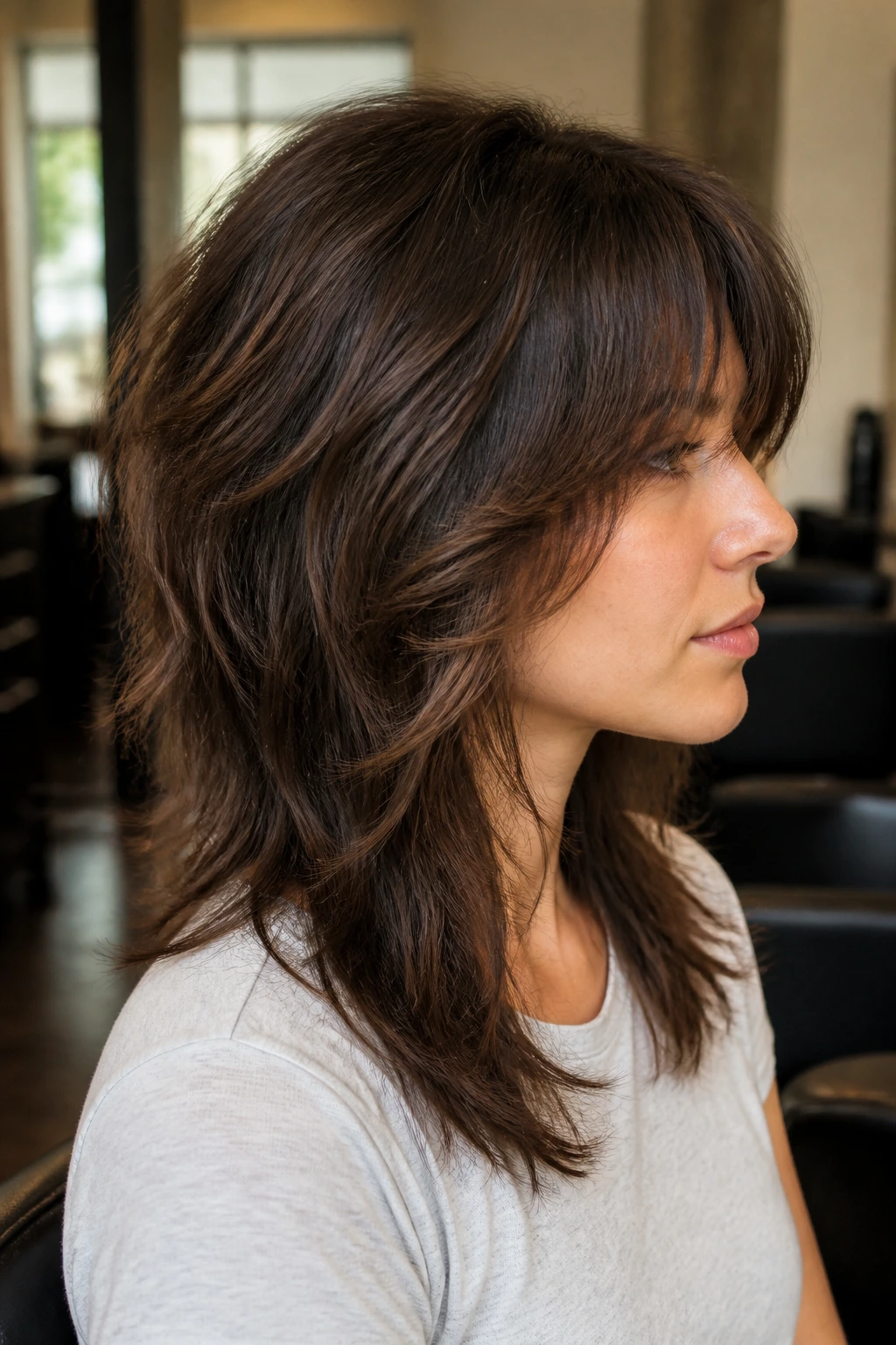 Close-up of a real person with thick hair and bulk-reducing shag