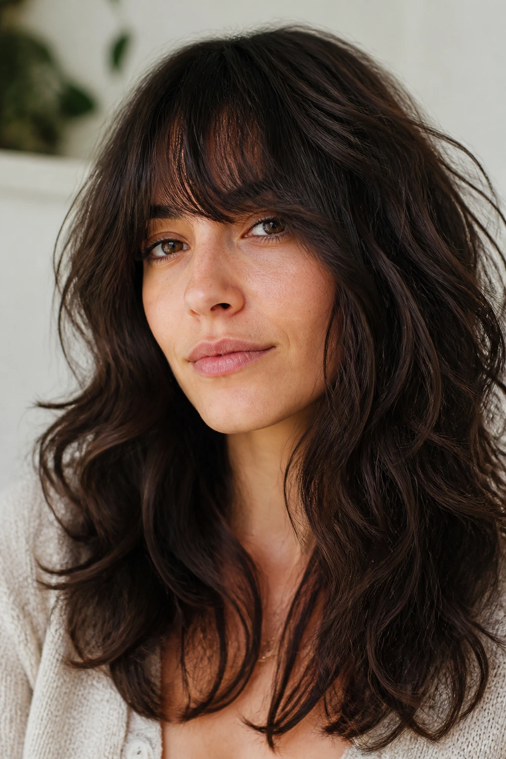 Portrait of a woman with thick-wavy shag showing bulk removal and long fringe