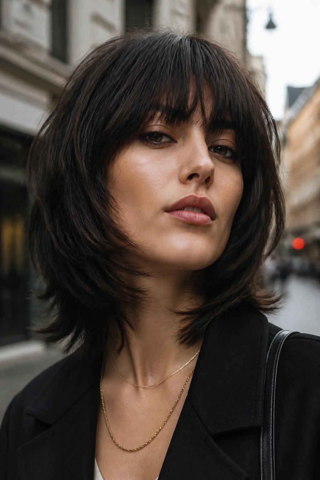 Close-up portrait of a real person with thick-hair shag showing chunky panels