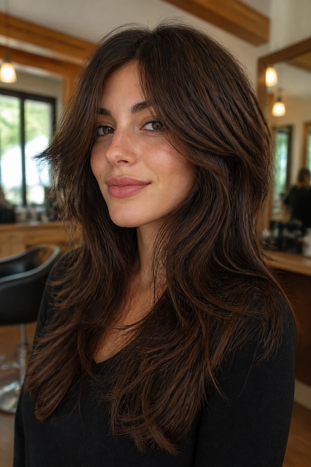 Close-up portrait of a real person with thick hair styled in a de-bulked long shag, showing interior weight removal and outer fullness.