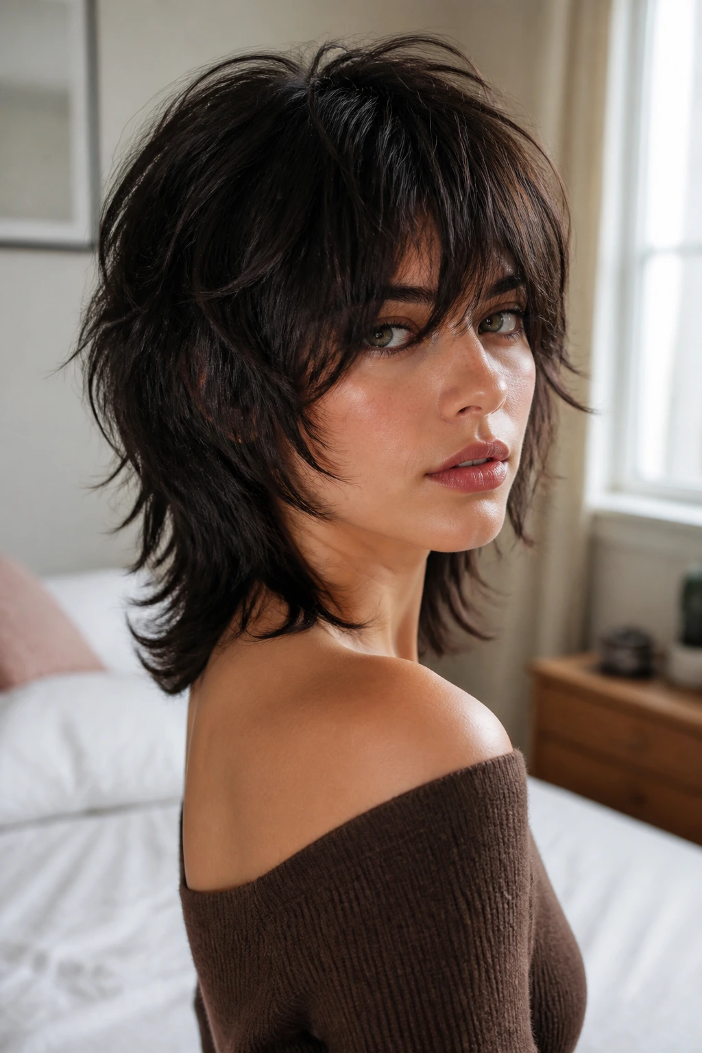 Close-up portrait of a real woman with thick-hair de-bulked shag showing layered understructure and broken outer shape