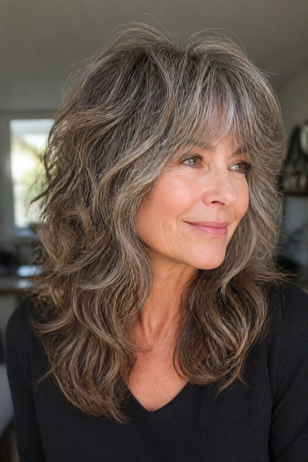 Close-up portrait of a real woman with thick waves and internal debulking