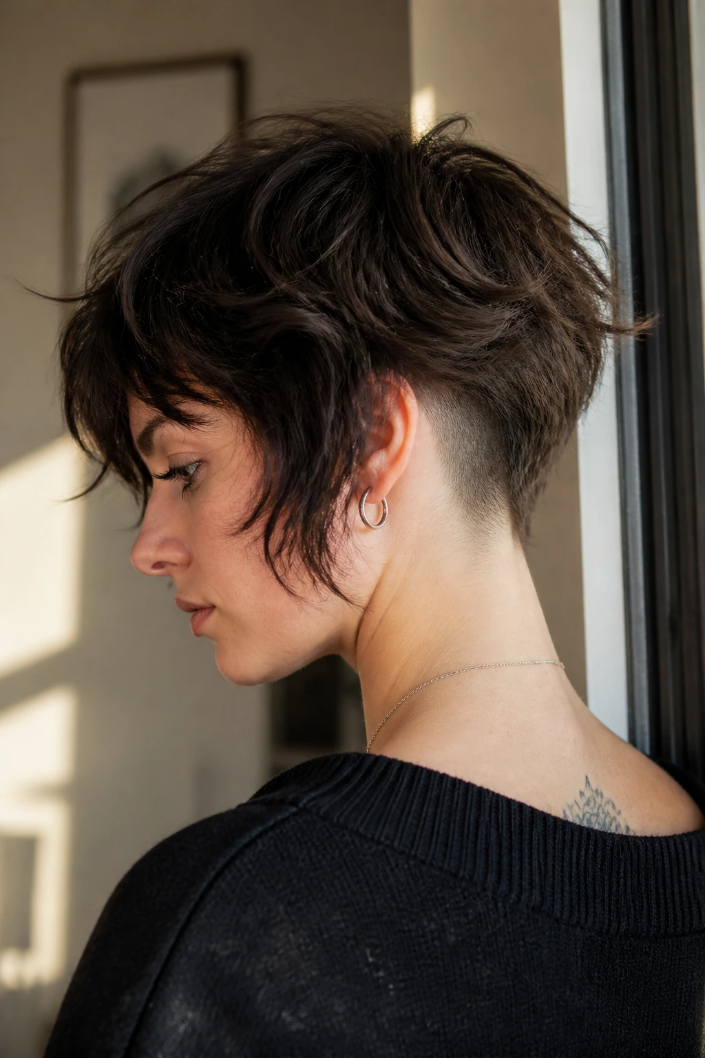 Portrait of a real person with thick-hair relief shag and deep nape undercut