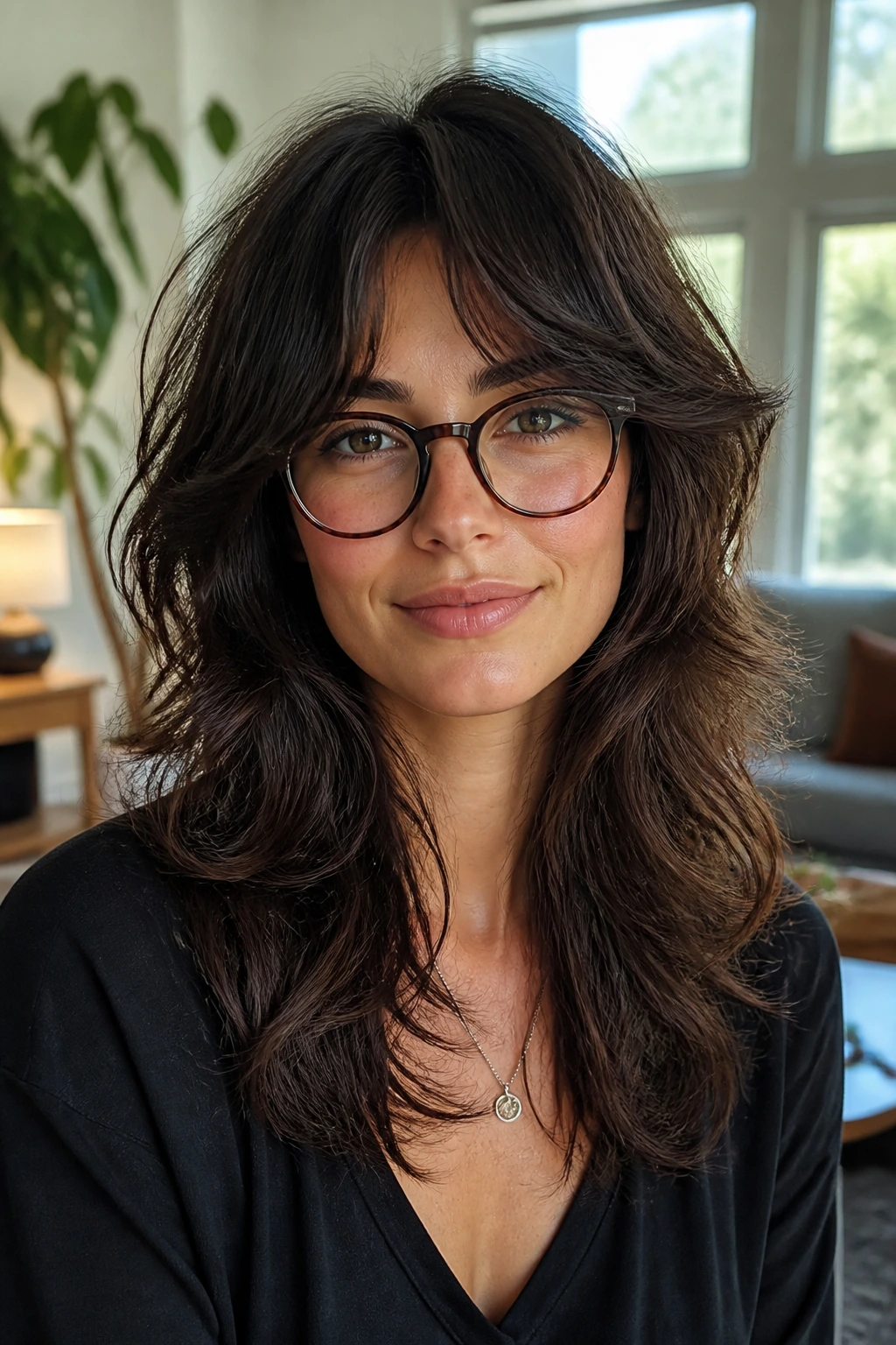 Real woman with thick-hair shag featuring airy interior layers