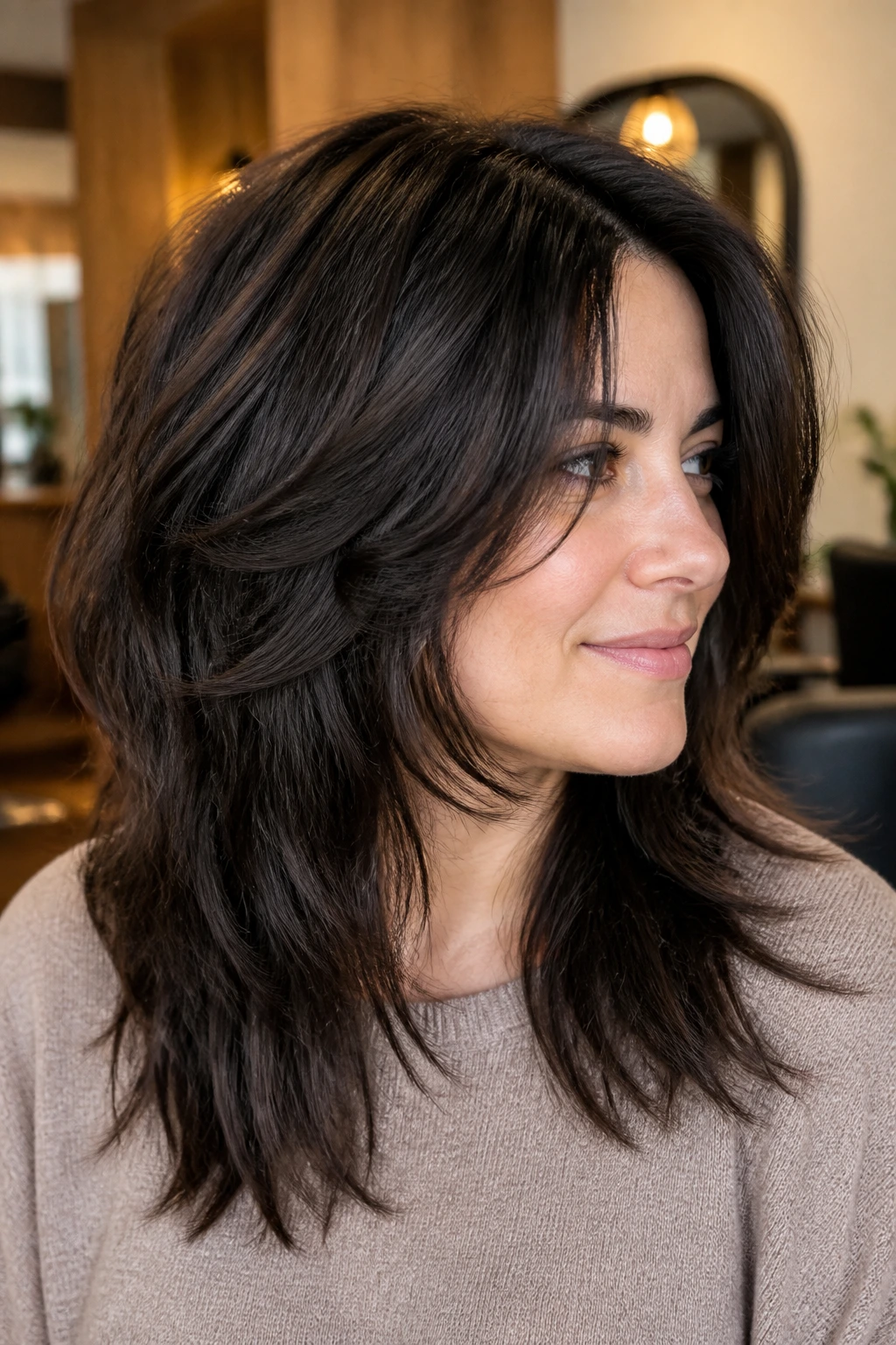 Close-up of a woman with thick shag showing interior weight removal.