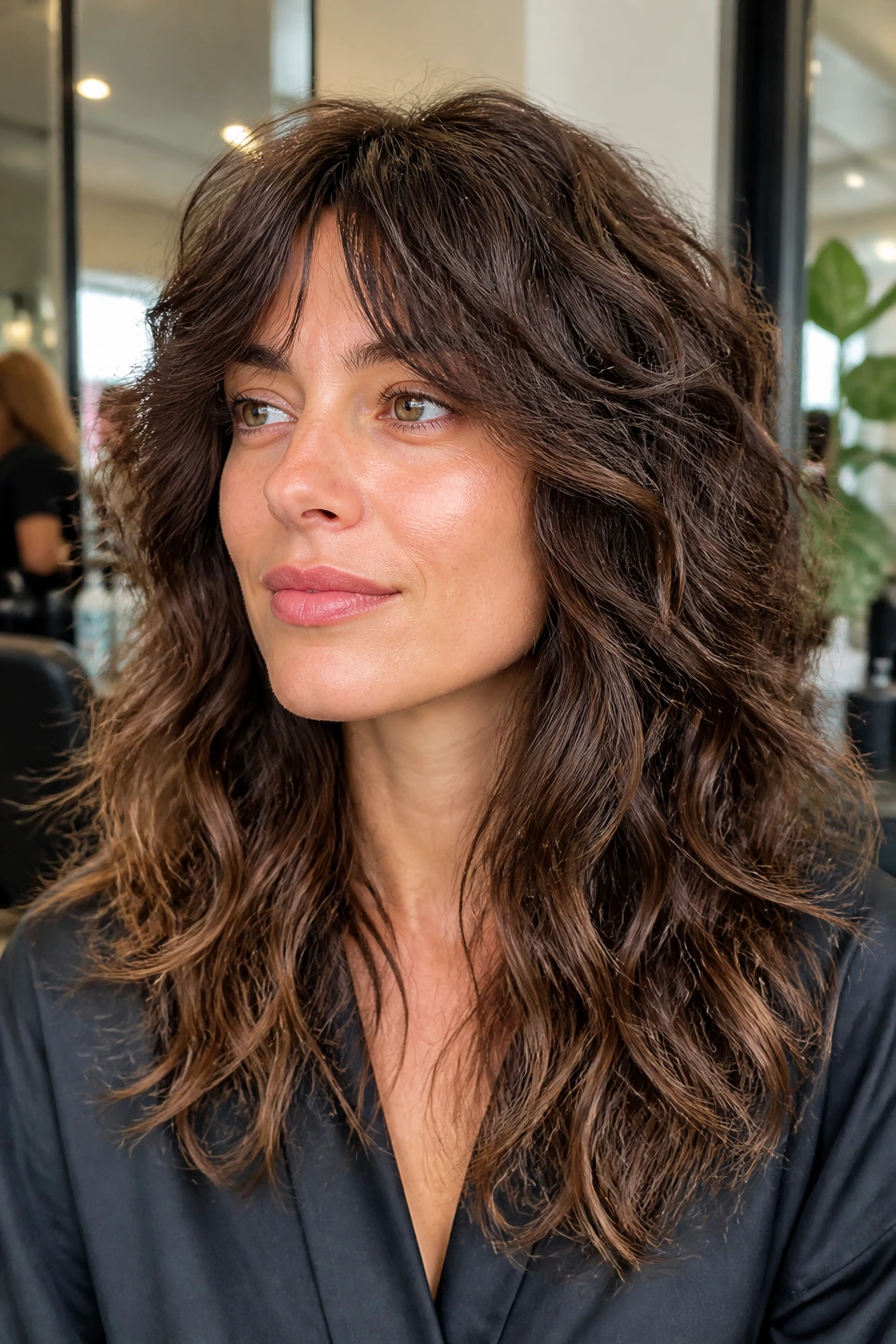 Close-up of a real woman with thick, wavy hair showing internal layers to reduce bulk